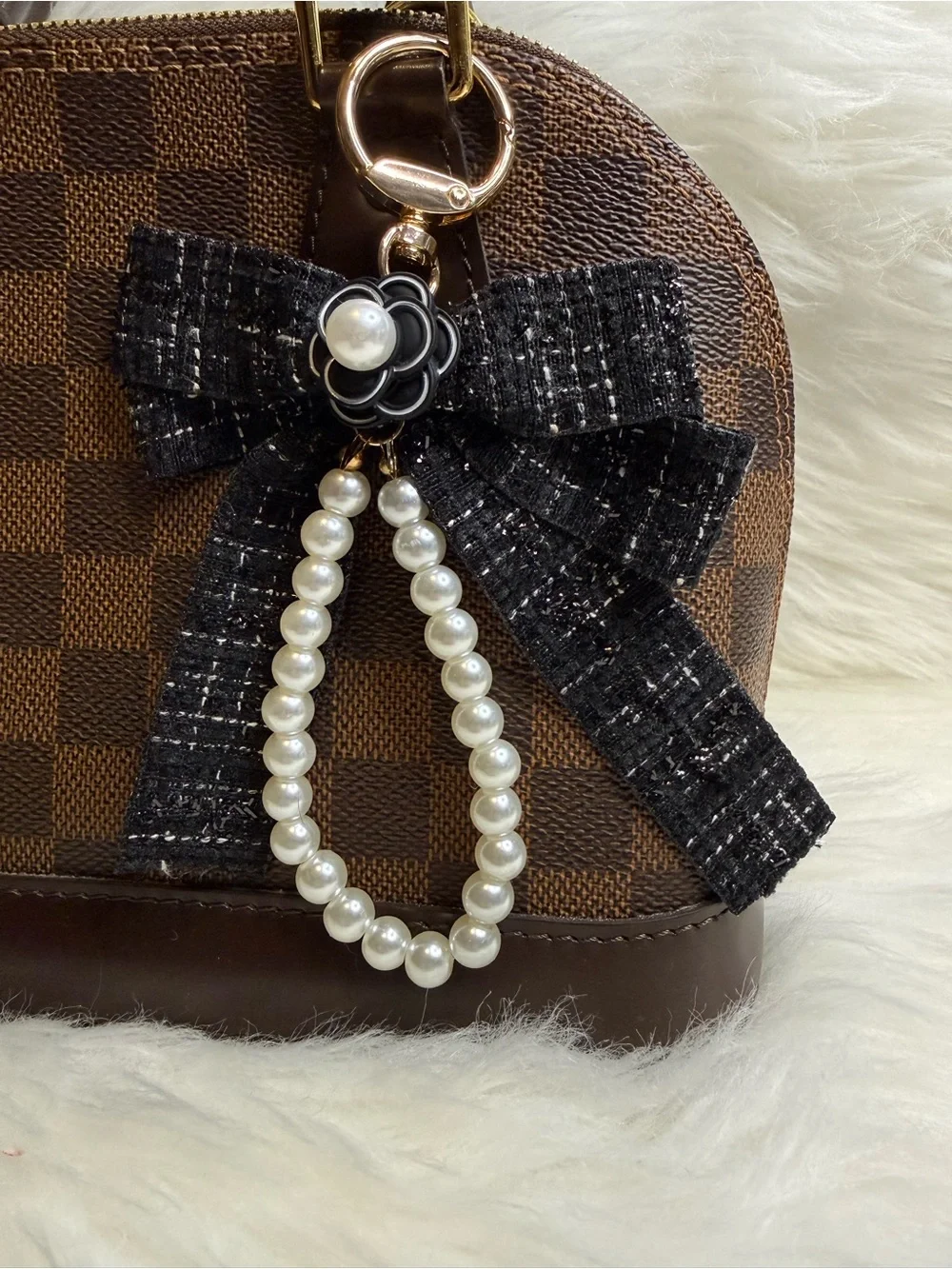 Bowknot Black Camellia Keychain Bag Charm Faux Pearl Strap Tweed Bow Key Rings